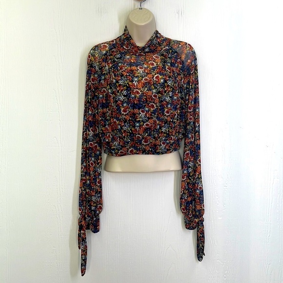 Free People Tops - Free People - All Dolled Up Black Floral Print Mesh Long Sleeve Crop Top Size XS